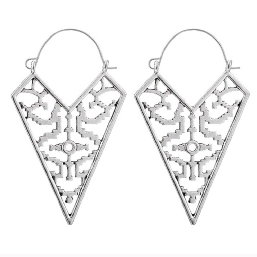 Large Silver Triangle Tribal Geometric Earrings